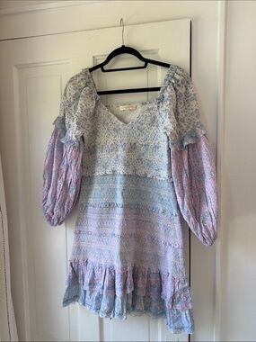 LoveShackFancy Pastel Blue and Lavender Floral Mini Dress
